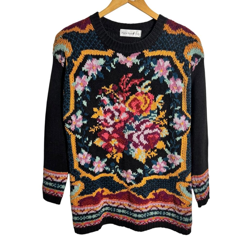 Paris Sport Club Floral Knit Sweater Women M Black Grandmacore Cottagecore Artsy